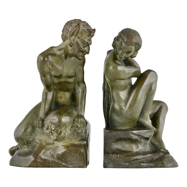 Art Deco Bronze Bookends of Satyr and Nude by Andre Gilbert and M. Guillemard, 1925, Set of 2 For Sale