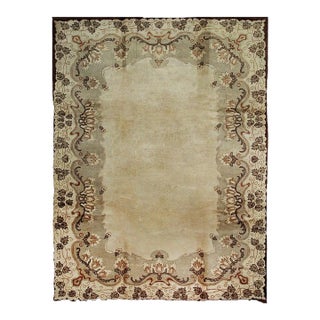 9x12 Ivory Hand-Knotted Wool Floral Border Solid Open Field Modern Carpet Rug For Sale