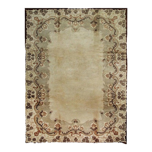 9x12 Ivory Hand-Knotted Wool Floral Border Solid Open Field Modern Carpet Rug For Sale