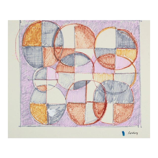Geometric Design in Burnt Orange and Purple Mid 20th Century Drawing For Sale