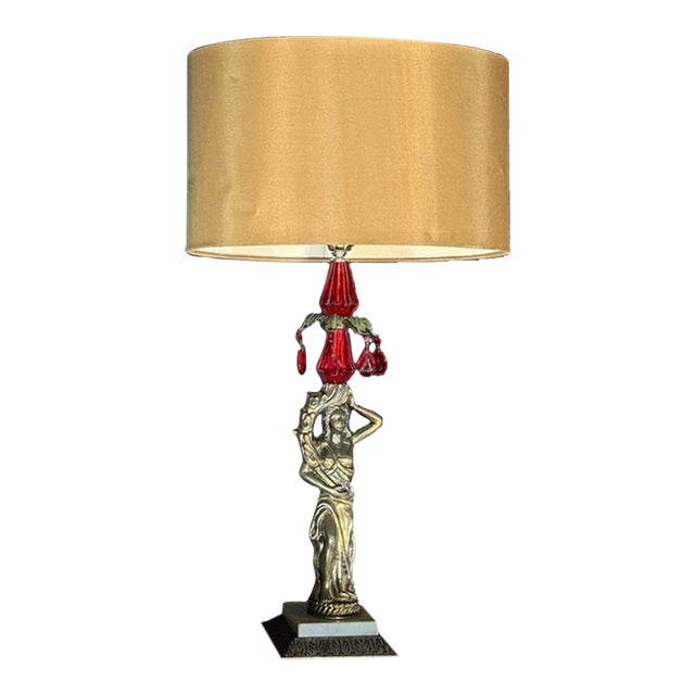 2000s Hollywood Regency Gold Figural Table Lamp With Red Crystals For Sale