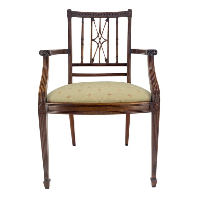 Very Fine Carved Mahogany Open Arm Faux Bamboo Arrows Back Armchair MINT For Sale
