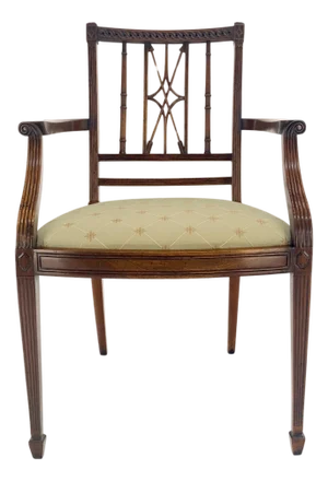 Very Fine Carved Mahogany Open Arm Faux Bamboo Arrows Back Armchair MINT