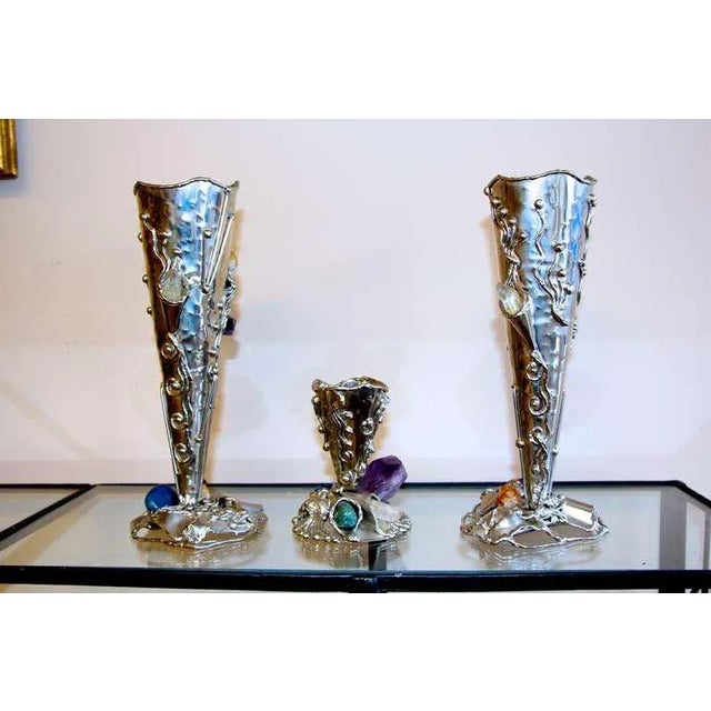 Silver Metal Vases With Semi-Precious Stones For Sale - Image 8 of 11