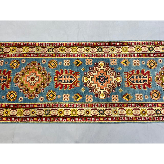 Blue and Burgundy Kazak Wool Runner Rug, Tribal Hallway Rug, 2'9" X 13'1" For Sale - Image 4 of 15