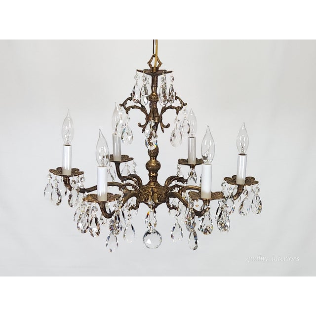 Vintage 6 Arm 6 Light Dark Patina Swanky Brass Cut Lead Glass Crystal Chandelier For Sale - Image 12 of 12