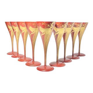 1960s Red Gold Urushi Lacquer Onagadori Rooster Sake Cocktail Glasses - Set of 9 For Sale