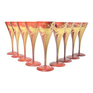 1960s Red Gold Urushi Lacquer Onagadori Rooster Sake Cocktail Glasses - Set of 9