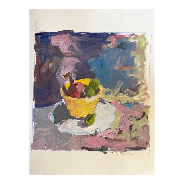 Yellow Vintage Bowl, Oil on Paper For Sale