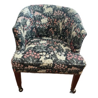 Vintage St. Timothy Hickory Barrel-Back Club Chair on Brass Casters – Floral Tapestry & Nailhead Trim For Sale