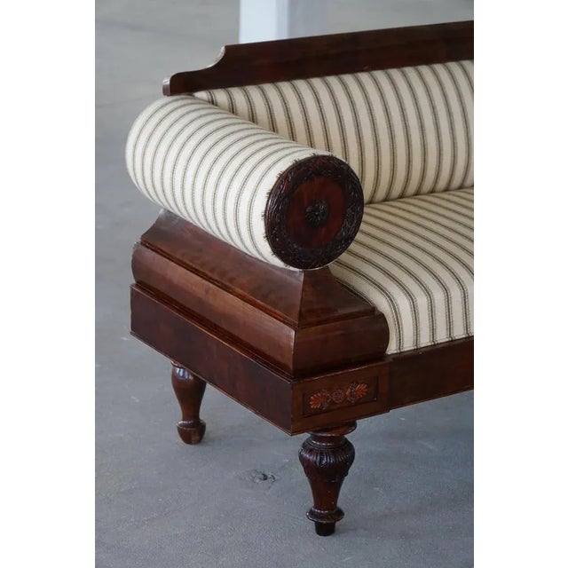 Antique Danish Empire Sofa with Detailed Woodwork and Striped Fabric, 19th Century For Sale - Image 5 of 17