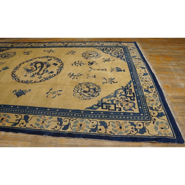 Textile 1900s Beige Field Classic Greek Key Dragon Antique Chinese Peking Room Size Rug For Sale - Image 7 of 10
