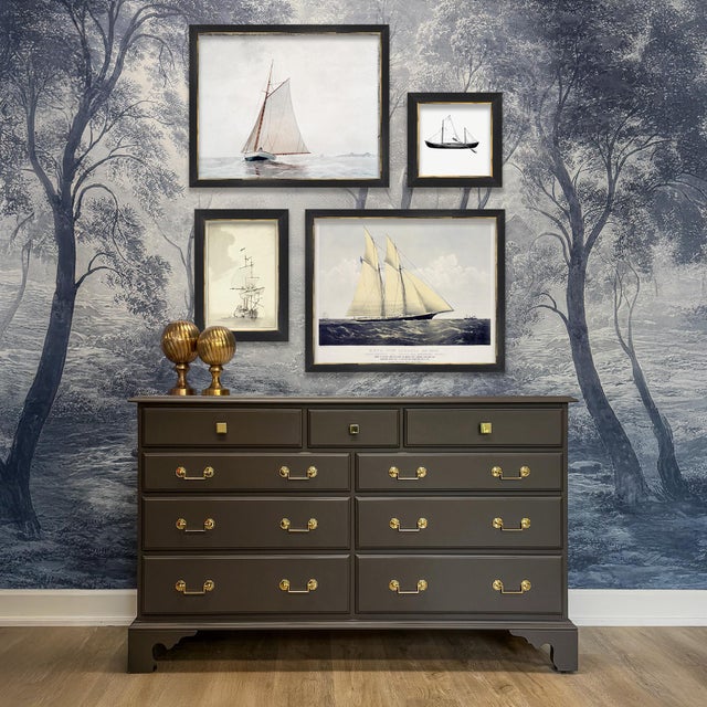 This full refurbished vintage 9-drawer lowboy has clean lines and is finished in matte lacquer in the color Silhouette...