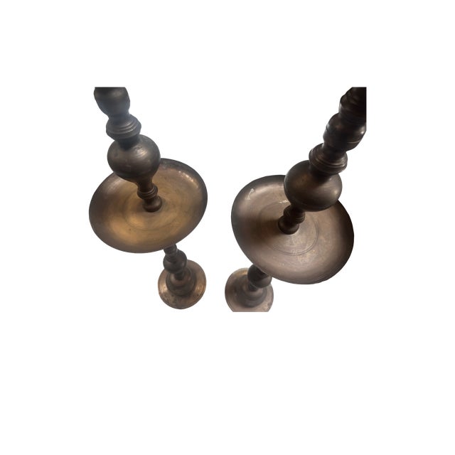 Moroccan Vintage Large Brass Candle Holders- Set of 2 For Sale - Image 3 of 4