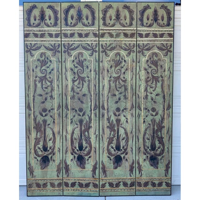 1920s Italian Art Deco Chinoiserie Four-Panel Hand-Painted Screen With Gold Gilt – Sage Green For Sale - Image 12 of 18