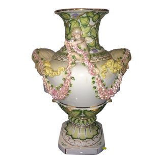 1940s Ornate Porcelain Urn With Festoons and Angels From Germany For Sale
