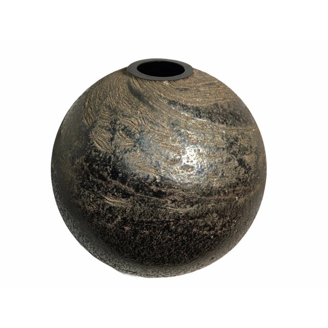 Vintage Metallic Black Iridescent Toned Italian Textured Glass Vase For Sale - Image 4 of 9