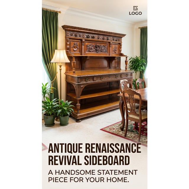 Early 1900s Antique Renaissance Revival Well-Carved Sideboard For Sale - Image 4 of 6