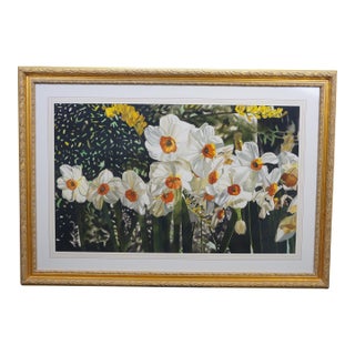 Late 20th Century Deborah Rubin "Daffodils" Botanical Still Life Watercolor Painting Framed 50" For Sale