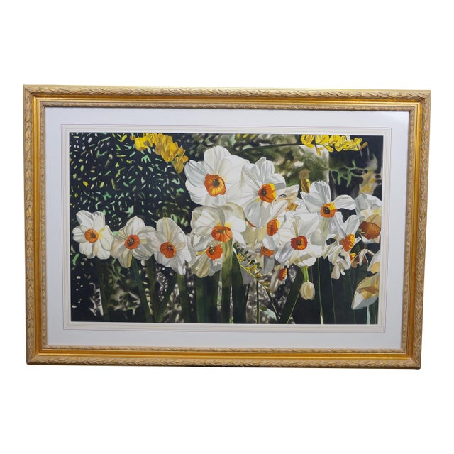 Late 20th Century Deborah Rubin "Daffodils" Botanical Still Life Watercolor Painting Framed 50" For Sale