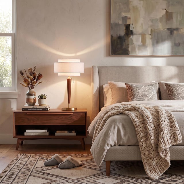 THIS IS YOUR NIGHTSTAND LAMP - TRIPLE TIER WHITE LINEN DRUM - REAL WALNUT + BRUSHED BRASS - 27.75" TALL - PULL CHAIN The...