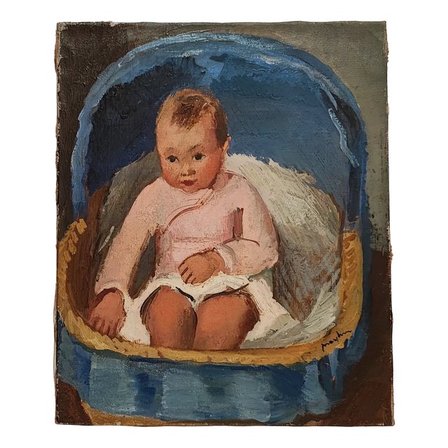 Henry Meylan, Bébé assis dans son couffin, Oil on Canvas For Sale