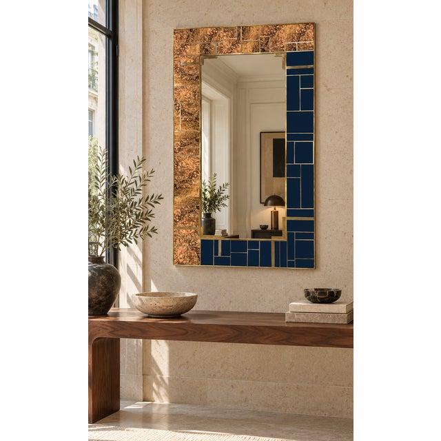 Wood Wall Mirror with Dotted Brass and Blue Murano Glass from Justfurnituress SRL For Sale - Image 7 of 9