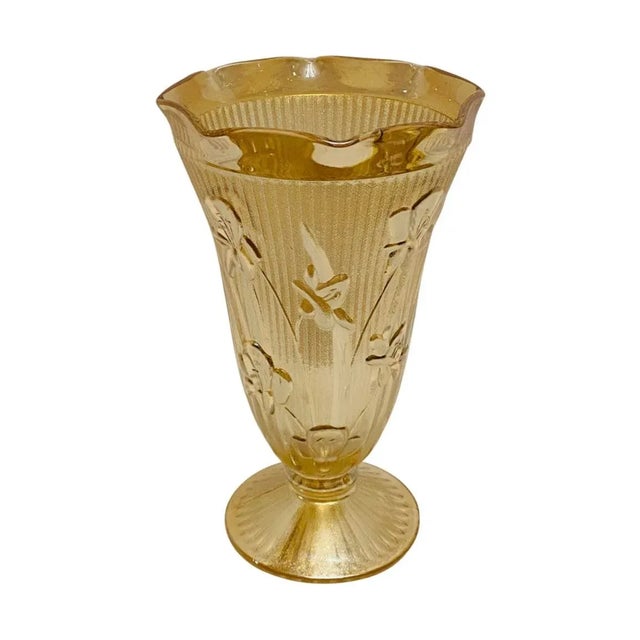 American Vintage Jeanette Glass Iris & Herringbone Pattern Peach Luster Ware Vase For Sale - Image 3 of 8