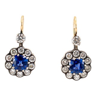 Antique 18k Yellow Gold Gia Sri Lanka Sapphires Old European Diamond Earrings, A Pair For Sale