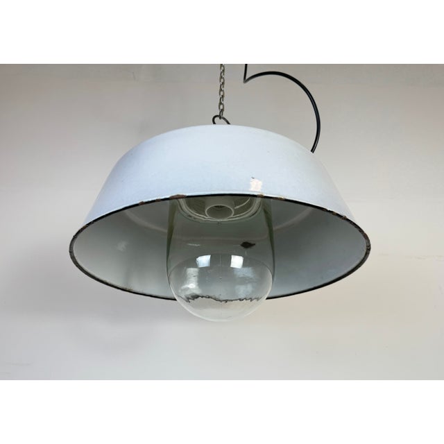 Industrial Grey Enamel Factory Pendant Lamp with Glass Cover, 1960s For Sale - Image 9 of 18