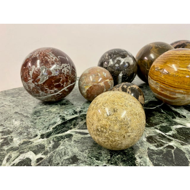 Specimen marble spheres Different stones Sizes are 15cm, 13cm, 10cm and 8cm diameter Age unknown