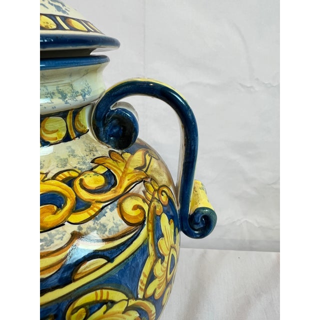 1990s 1990s Italian Hand-Painted Blue Urn With Scrolled Handles For Sale - Image 5 of 12