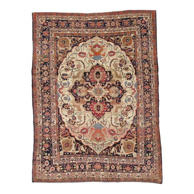 Antique Persian Lavar Kerman Oriental Carpet, Handmade, White, Navy, Jewel Tone For Sale