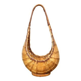 Vintage Teardrop Bamboo and Rattan Basket With Handle For Sale