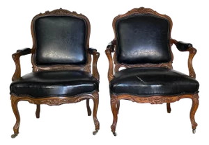 19th Century Walnut Louis XV Style Carved Frame Chairs Upholstered in Black Faux Leather - A Miss-Matched Pair