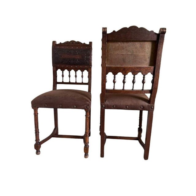 Late 18th Century Antique 19th Century French Henry II Style Walnut Dining/Side/Accent Chairs With Suede Upholstery - Set of 2 For Sale - Image 5 of 11