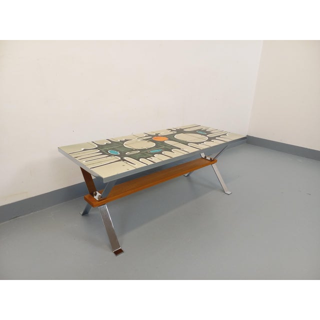 Vintage coffee table from the 1960s/70s, rectangular ceramic top with abstract patterns in shades of white, off-white,...