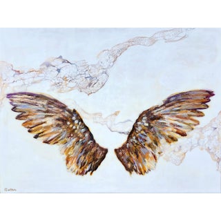 Flight II by Carrie Goller | Encaustic/Mixed Media on Wood Panel Wings against a light background For Sale