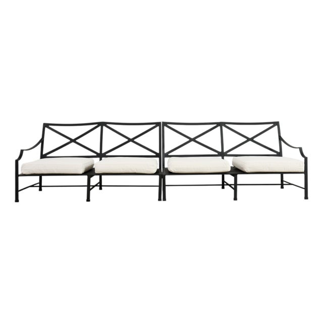 Restoration Hardware Two Piece Carmel Aluminum Garden Sofa 9.5 Ft For Sale