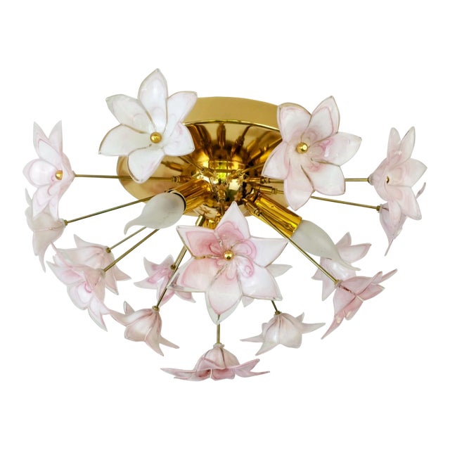 Murano Style Flush Mount Pink Flower Ceiling Light Glass Chandelier For Sale