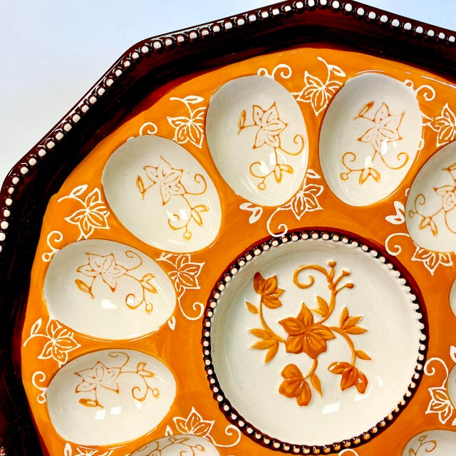 Pumpkin 1980s Vintage Boho Chic Arts & Crafts Rustic European Deviled Egg Serving Plate For Sale - Image 8 of 14