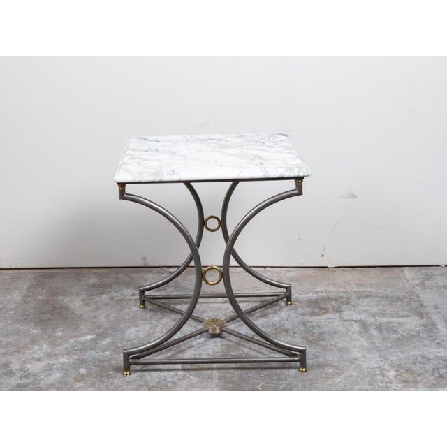 Mid-Century Modern French Mid-Century Steel and Bronze Console Table with White Veined Marble Top For Sale - Image 3 of 12