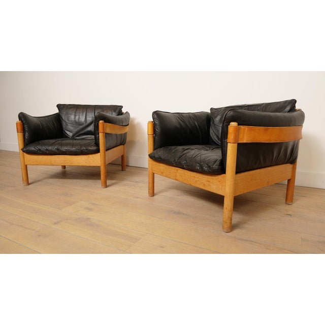 Danish Oak and Leather Lounge Chairs, 1960s, Set of 2 For Sale - Image 4 of 15