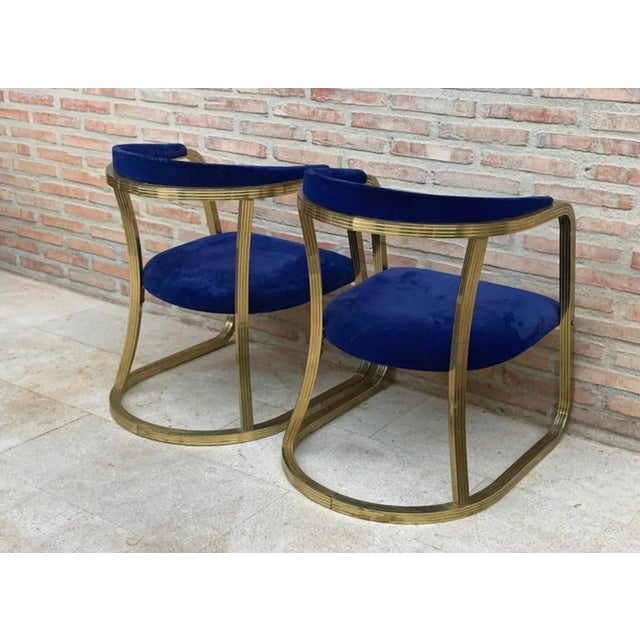 Set of Mid-Century French Gold Brass Armchairs with Blue Velvet Upholstery, 1940s For Sale - Image 9 of 12