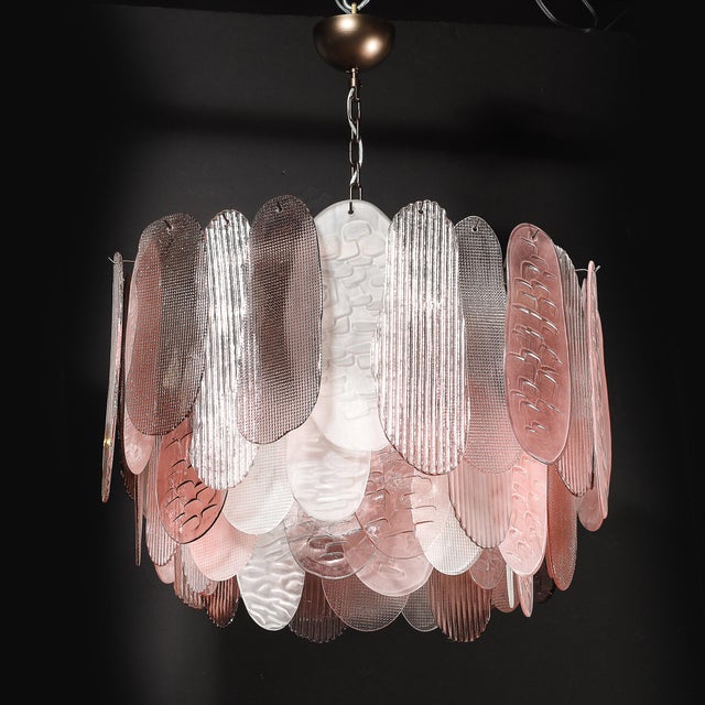 Modernist Round 3-Tier Hand-Blown Murano Glass Chandelier W/ Oval Reeded Shades For Sale - Image 13 of 18