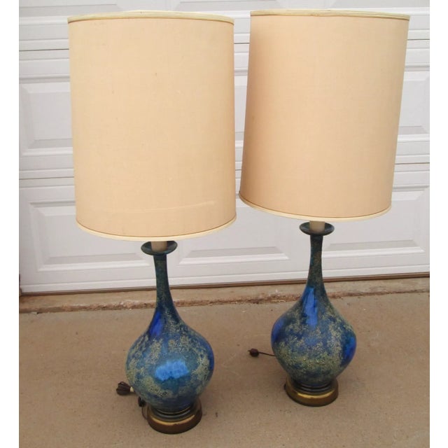 Mid-Century Modern Mid 20th Century Helmut Bruchman Style Mid Century Modern Blue Glaze Ceramic Lamps - a Pair For Sale - Image 3 of 12