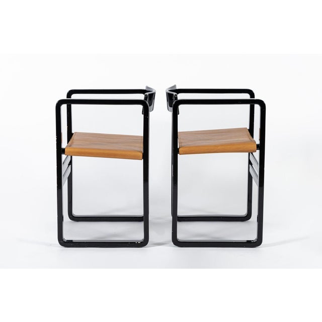 Mid-Century Modern Mid Century Modern Black Lacquer and Brown Leather Arm Chairs 1970s For Sale - Image 3 of 15