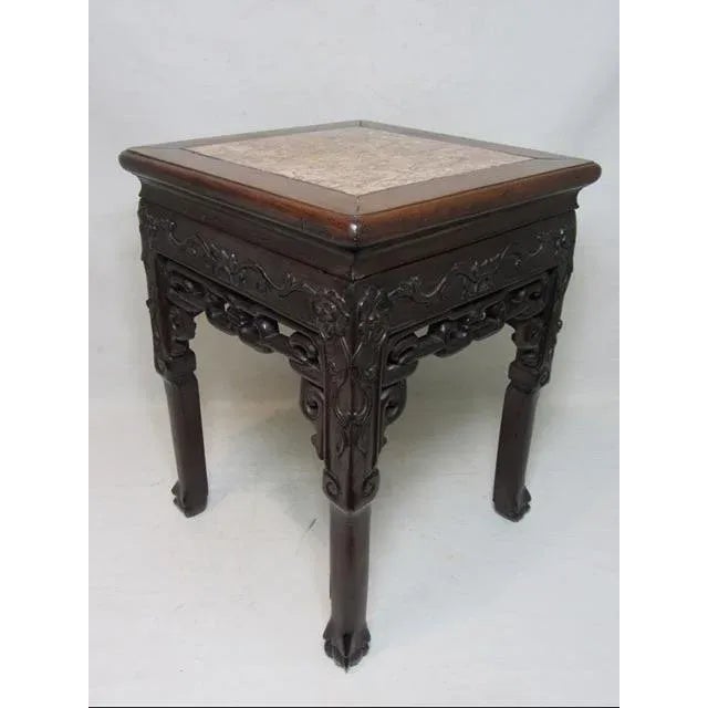 Chinese Carved Hardwood Table With Inset Marble Top For Sale - Image 4 of 13