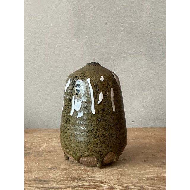 Olive Vintage Boho Original Studio Pottery Weed Vase For Sale - Image 8 of 8