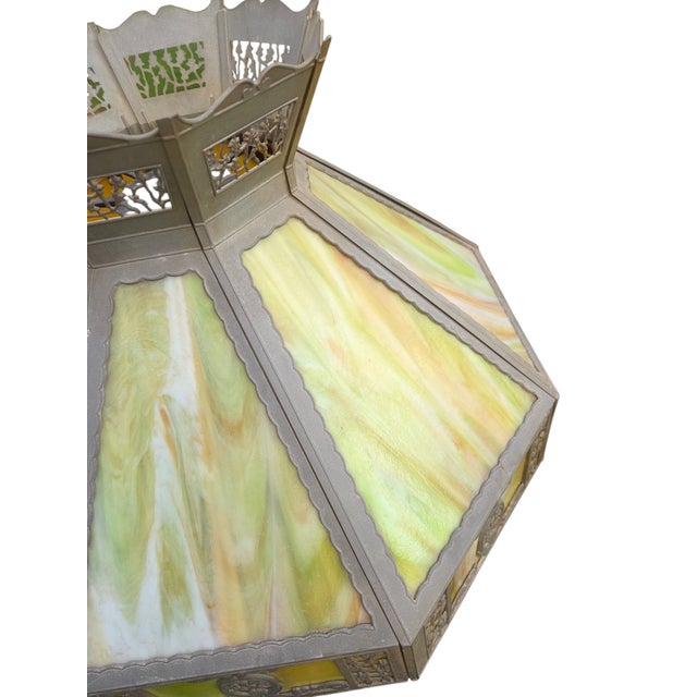 Antique Lamp Shade Green Slag Glass Hanging Light Chandelier Sarama For Sale - Image 17 of 18